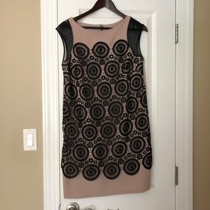 Black circle pattern lace panel, nude shift dress